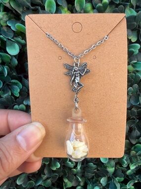Repurposed Silver Tone Tooth Fairy 🧚 Necklace with Clear Glass Teardrop